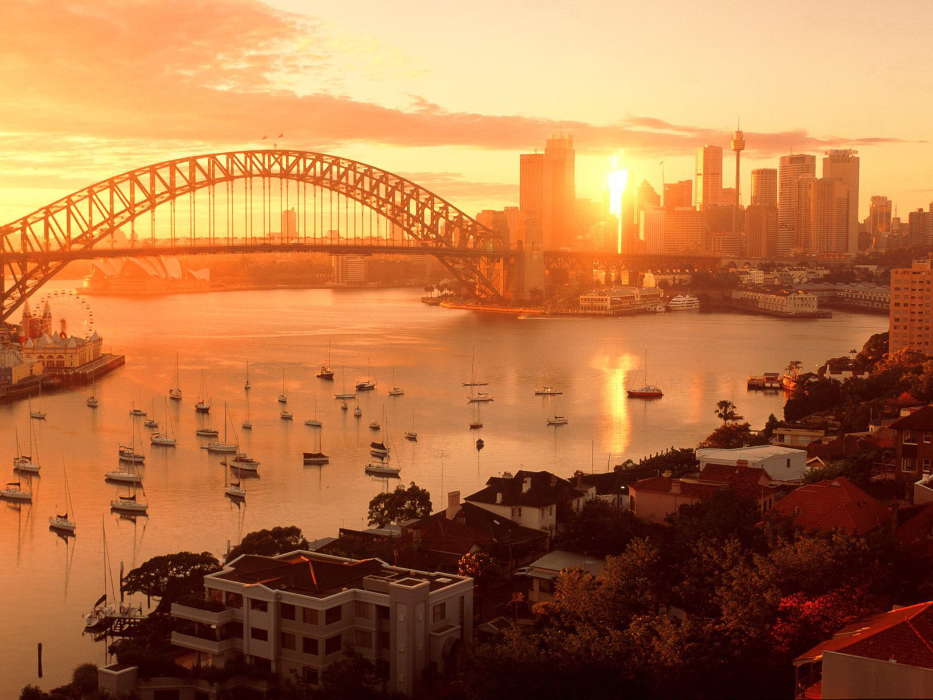 Paysage,Villes,Bridges,Coucher de soleil,Bateaux,Sydney