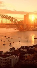Télécharger une image Paysage,Villes,Bridges,Coucher de soleil,Bateaux,Sydney pour le portable gratuitement.