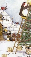 Télécharger une image Noël,Dessins,Fêtes,Pinguouins,Neige pour le portable gratuitement.